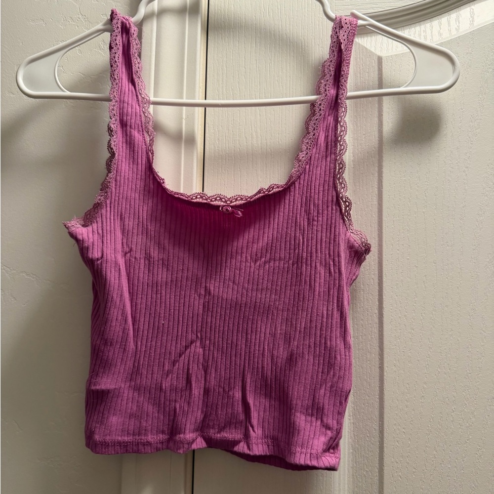 Cotton On Body Ribbed Lace-Trim Tank Top in Purple Pink